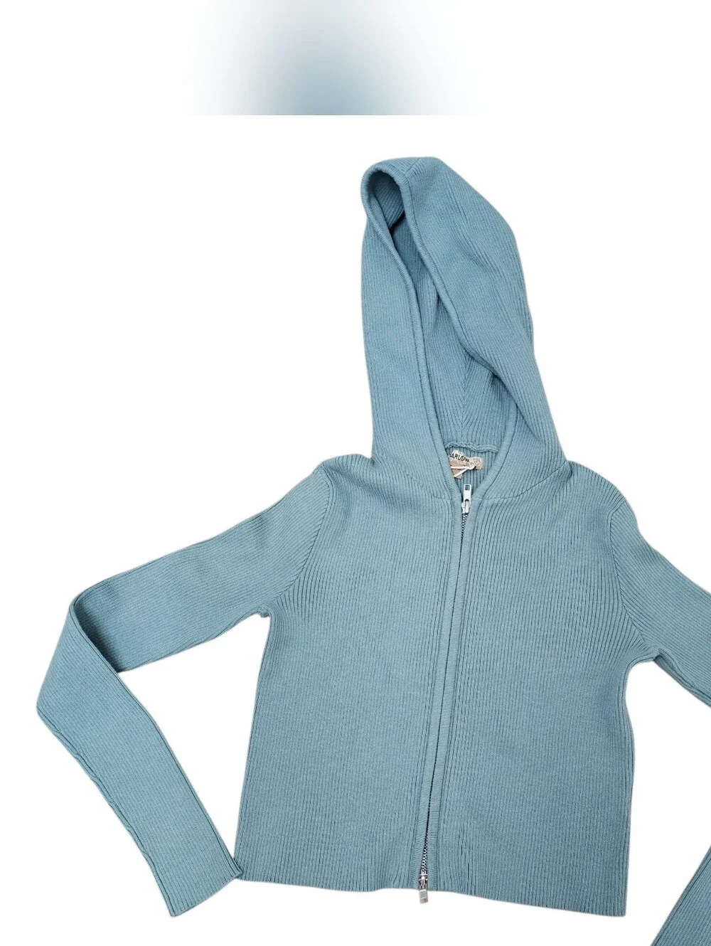 Harlow Cropped Ribbed Zip-Up Hoodie in Sage Green - Picture 2 of 7